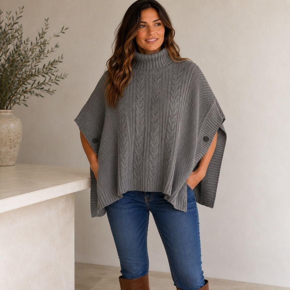 Denver Hayes Cable Knit Turtleneck Poncho Sweater Gray Oversized